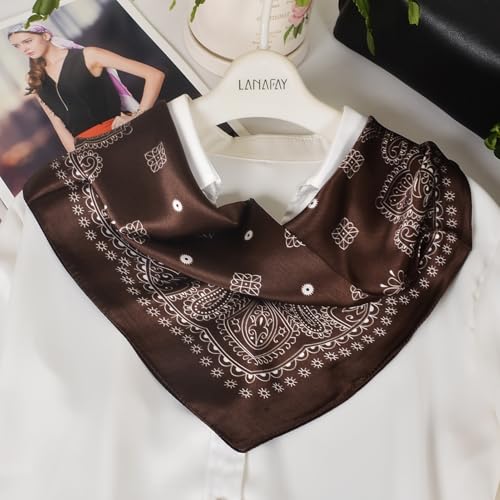 Women 100% Mulberry Silk Neck Scarf 21" Square Floral Neckerchief - color: Coffee