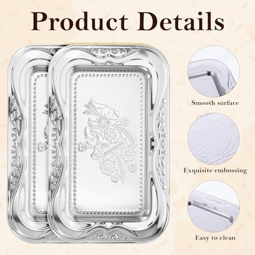 6 Packs Silver Serving Trays, 13.8" x 8.7" Bow Floral Engraved Mirror Decorative Tray, Stainless Steel Trinket Tray, Retro Vintage Embossing Rectangle Reusable Party Platters, for Tea Coffee Fruit Des