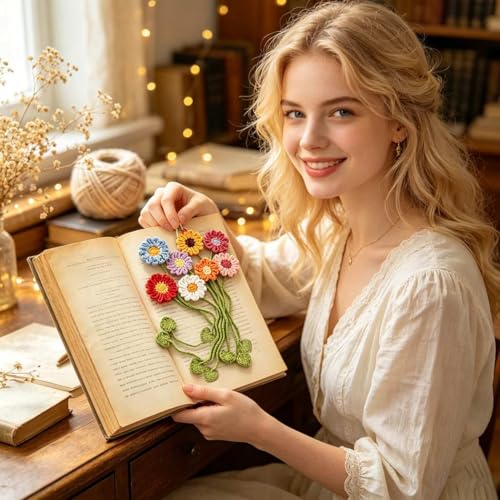 8 Pack Crochet Flower Bookmarks Daisy Sunflower Book Marks for Reading Gift - color: Colorful Flower