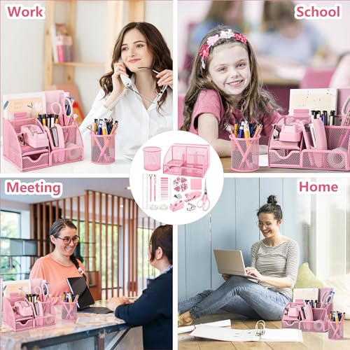 Fayoo 11 Pcs Pink Office Supplies Set Mesh Desk Organizer Accessories Kit - color: Pink