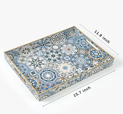 AGIOTA Boho Coffee Table Trays Serving Tray with Handles Large Tray for Ottoman Modern Decorative Tray for Living Room - color: Bohemian Blue Single