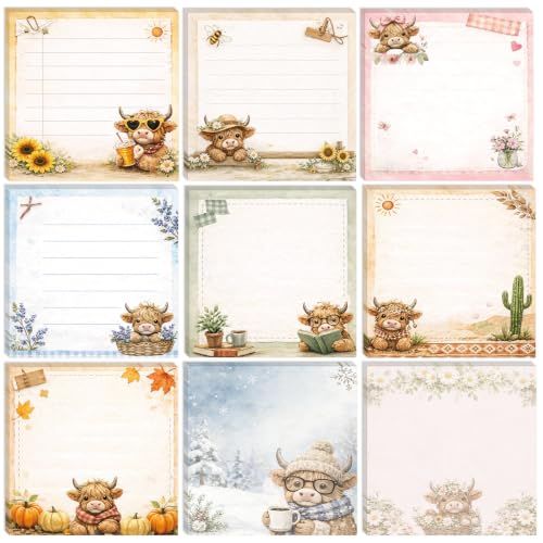 Highland Cow Gift Sticky Notes - 9 PCS Different Season to Do List Memo Cute Animal Post It Notes Aesthetic Flower Notepads School Office Stationery Supplies for Women Cow Lover 3x3 Inches - style: Highland Cow