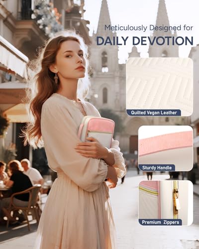 BellaHold Bible Cover Case for Women Quilted Bible Case with Handle Strap - color: White & Pink, size: XS/S