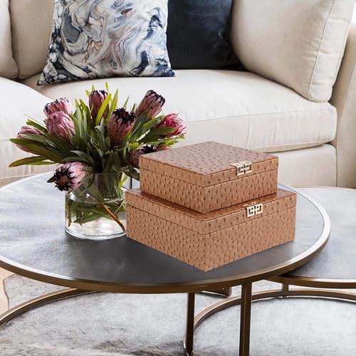 HofferRuffer Square Decorative Boxes, Set of 2 Nesting Storage Memory Keepsake Boxes with Lids, Stylish PU Leather Trinket Jewelry Organizer Box for Home Decor and Storage (Camel Ostrich) - color: Camel Ostrich
