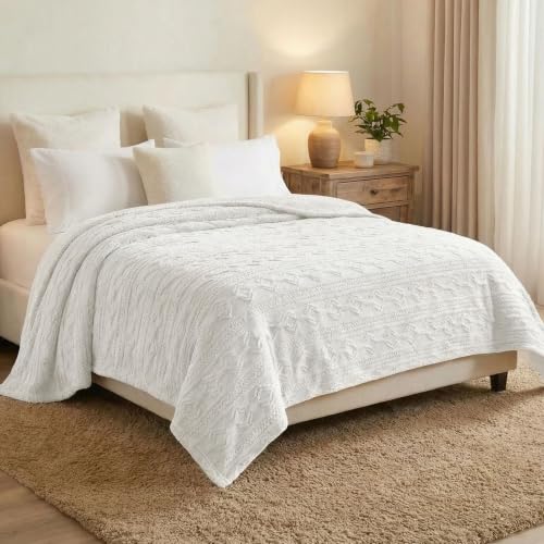 SUPERIOR Fleece Boho Jacquard Blanket, Decorative Blankets for Bedroom, Sofa, Fuzzy, Plush, Fluffy, Soft, Cute Room Decor, Beautiful Cover, Comfort Essentials, Arctic Collection, King, White - color: White, size: King