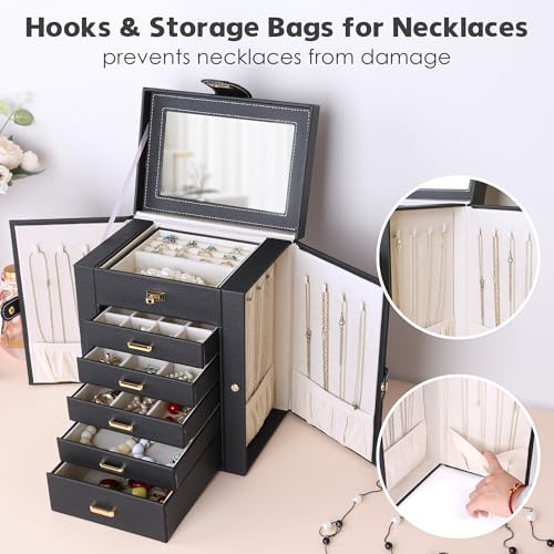 Kendal Jewelry Box, 6-Layer Jewelry Storage Organizer for Necklace Bracelet Rings Watch, 10.2"x8.2"x6" Classic Black PU Leather 5 Drawers Large Storage Capacity with Mirror - color: Black, size: Medium(10.2"x8.2"x6")