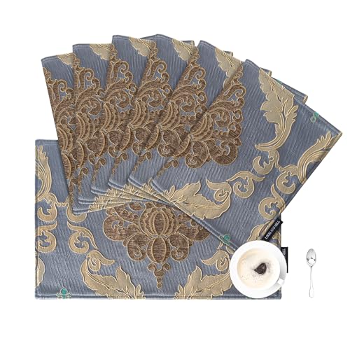 Loom and Mill Luxury Damask Placemats Double Layer, Set of 6, Grey Blue - color: Grey Blue_peyton, size: 6 Pieces