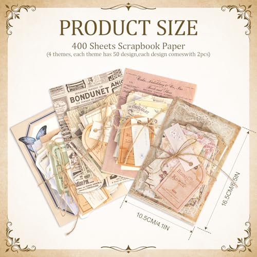 400Pcs Scrapbook Supplies Kit,4 Pack Vintage Decorative Paper Scrapbooking Supplies for Bullet Journal, Junk Journal, Planner, Collage Card Making，Retro Crafts，Aesthetic DIY Craft Embellishments - color: D