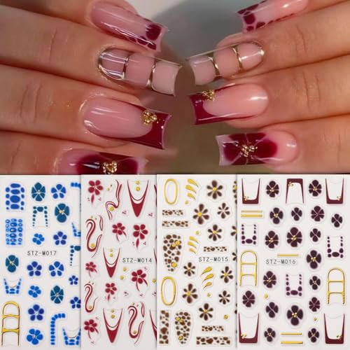 Flower Nail Art Stickers Decals French Tip Flower Nail Decals 4PCS Brown Wine Red Blue Flowers Petals Golden Circle Polka Dot Design Nails Adhesive Stickers for Women Fall Winter Nail Art Decorations - style: style8