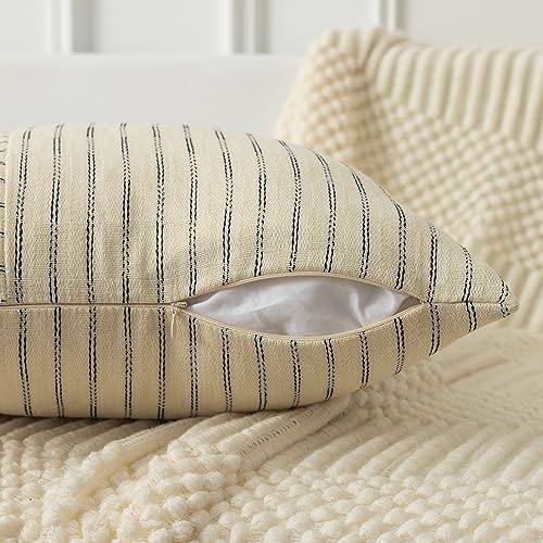 Kevin Textile Farmhouse Pillow Covers 18x18, Modern Accent Square Throw Pillow Covers Set of 2, Beige and Black Striped Patchwork Linen Decorative Pillows Cushion Covers for Couch Bedroom - color: Beige, size: 18" x 18" (Pack of 2)