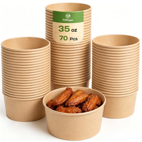 TOPtoper 35 Oz Large Paper Bowls【WITHOUT LIDS】 70 Pack Disposable Soup Bowls Plastic Free Party Supplies for Hot/Cold Food, Soup (35 OZ) - size: 35 OZ