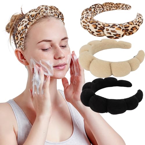 WHAVEL 3 Pack Spa Headband Skincare Headbands, Soft Hair Band for Washing Face, Makeup, Facial, Skin Care (Leopard, Brown, Black) - color: black,coffee,leopard