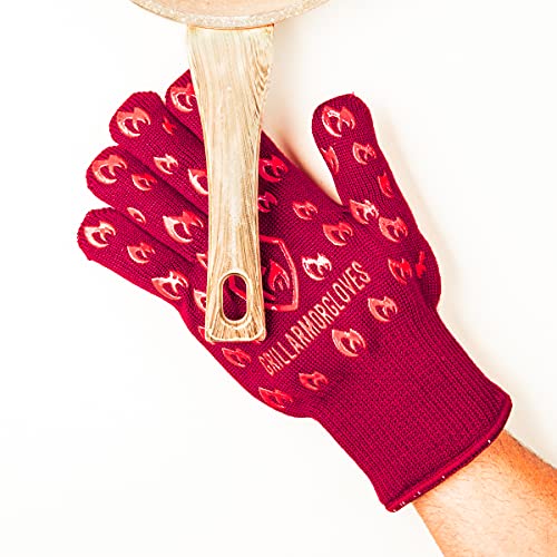 Grill Armor Oven Gloves with Fingers – 932°F Heat, Fire & Cut Resistant Mitts for BBQ, Grill, Cooking, Grilling, Baking, Smoker & Fire Pit - color: Red, size: X-Large Standard Cuff