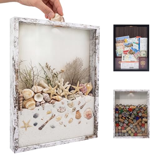 GraduationMall 12x16 Top Loading Shadow Box Frame with HD Glass,Wood Display Case with Slot,1.25 inches Interior Depth,Ideal for Wine Bottle Caps,Tickets,Shells,Stamps and More,White - color: Rustic White, size: 12x16