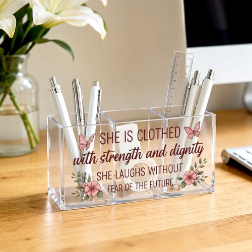 She Is Clothed with Strength Acrylic Pen Holder 3 Compartments - color: Transparent056