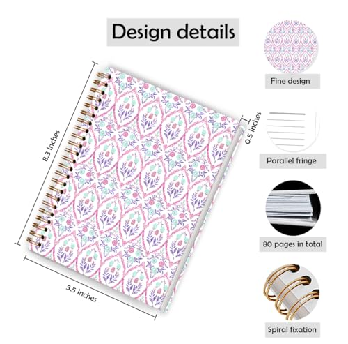 Qykwz Grandmillennial Pink and Purple Floral Spiral Cute Notebook 5.5x8.3, Retro Cottagecore Flower Aesthetic Journal for Women, Pastel Floral Grand Millenial Hardcover Notebook Journal - color: Color_A