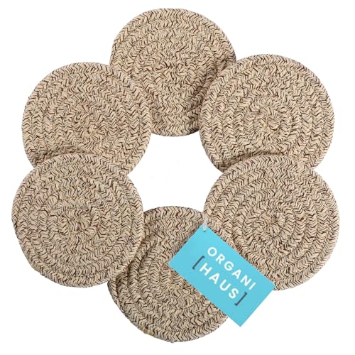 OrganiHaus Drink Coasters Set of 6, Absorbent Cotton Woven Cup Coasters, Rustic Farmhouse Boho Decor for Coffee Table and Drinks Protection, Cute Coaster for Drinks, Coaster for Office Desk - Brown - color: Brown