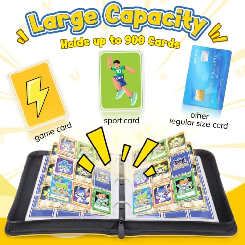 Card Binder, 9-Pocket Design, 900-Card Capacity with 5 Top loaders(Yellow Bolt) - color: Yellow Bolt, size: 9-Pocket