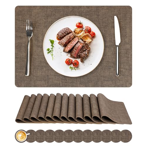 NCUE Vinyl Placemats Set of 12, 17"x12" Wipeable Place Mats with Coasters - color: Dark Coffee, size: Set of 12