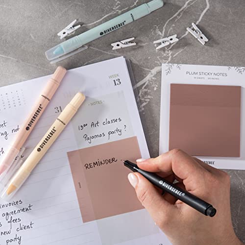 DiverseBee 50 Sheets Pastel Transparent Sticky Notes, 3x3” Clear Sticky Tabs, Translucent Page Flags Book Markers Stickers, Planner Accessories, Bible Journaling Study Office School Supplies (Plum) - color: Plum