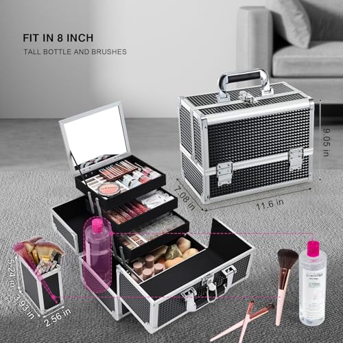 Joligrace 3-Tray Makeup Case with Mirror & Brush Holder, 11.6" Shine Black - color: Classy Black