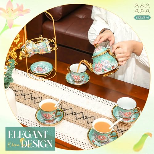 20 Pcs Adult Tea Party Set Porcelain with Metal Holder, Modern - style: Modern