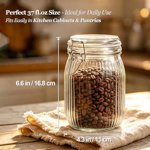 ComSaf Ribbed Glass Pantry Jars with Airtight Lids 34 oz 3 Pack Coffee - size: 34 fl oz x 3 - Ribbed