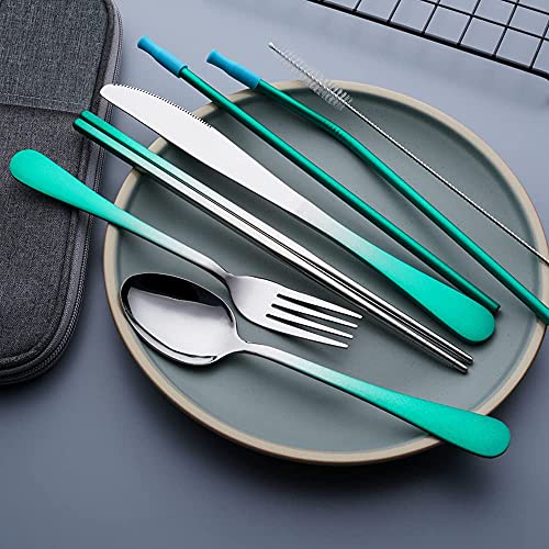 Travel Utensils Set with Case Reusable Portable Cutlery Set Stainless Steel 8pcs Including Dinner Knife Fork Spoon Chopsticks straws(Gradient Green) - color: Gradient Green