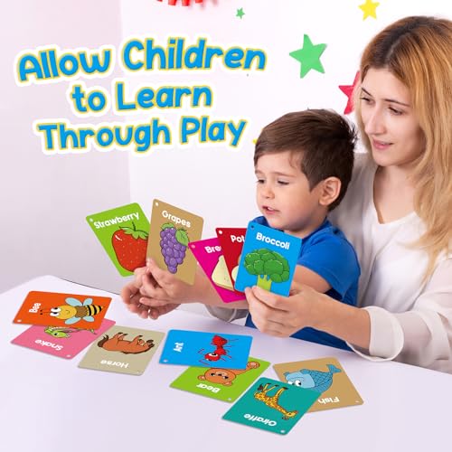 Torlam Toddler Flash Cards Baby Cognitive Flashcards for Kids, Learning Alphabet, Numbers, Shapes & Colors, Animals, First Words, Body Parts, Foods, Preschool Kindergarten Activities Educational Toys - size: Classic Size 60 Cards