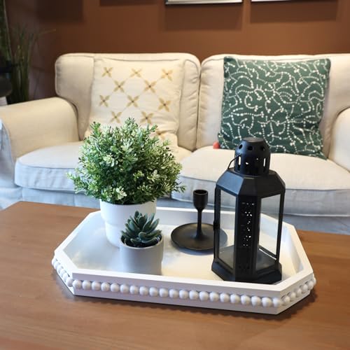 Hrastany White Wood Serving Tray with Beads, Farmhouse Decorative Tray for Table Centerpiece, Christmas Wedding Halloween Home Decor - color: White-c8, size: 15.7" x 10.2" x 1.6"