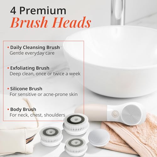 Vanity Planet Raedia Facial Cleansing Brush - Electric Facial Cleansing Brush with 4 Exfoliating Brush Heads - Waterproof, Handheld, Lightweight for Face Scrubber and Exfoliating Face - Warm Grey - color: Warm Gray