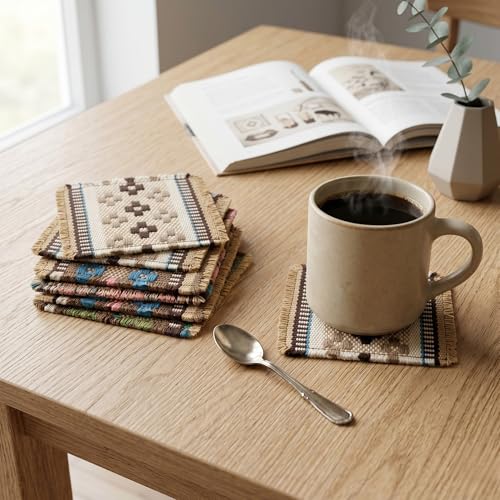 Boho Woven Coasters Set of 6, Absorbent Drink Coasters for Coffee Table, Rustic Farmhouse Table Decor, Southwestern Aesthetic, Handmade Style, Housewarming Gift