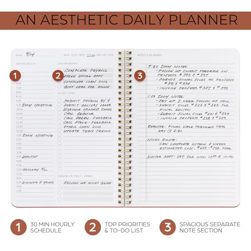 Beautiful Daily Planner And Notebook With Hourly Schedule - Spiral Notebook - color: terracotta