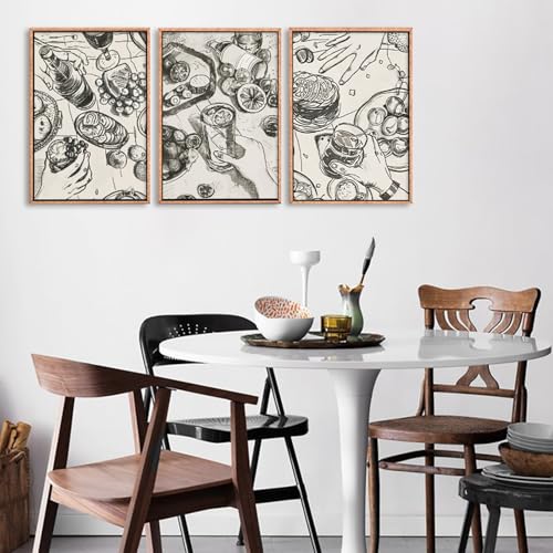 LHIUEM Large Retro Sketch Cheers Framed Canvas Wall Art,Food and Drink Wall Decor,Mid Century Gatherings Dinner Wall Painting,Abstract Black and White Art Prints for Kitchen,Dining Room - 24"x36"x3 - color: Sketch Cheers Wall Art, size: 36"L x 24"W