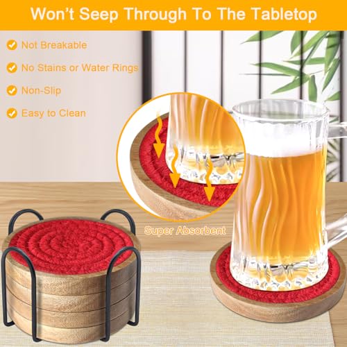 Wood Coasters for Drinks, Eykao Absorbent Coaster Sets of 5, Woven Drink Coasters for Coffee Table, Housewarming Gift for Farmhouse Home Decor,4 inches - color: Red (With Holder)