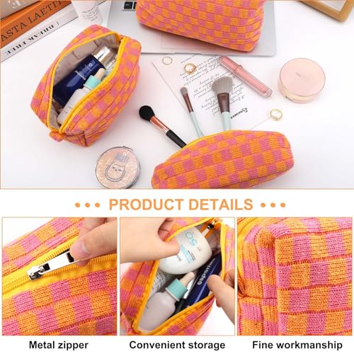 EIMMBD Makeup Bag 3 Pieces Large Capacity Checkered Cosmetic Bags Travel Toiletry Bag Organizer Cute Makeup Pouch Storage for Women(Orange & Pink) - color: Orange & Pink