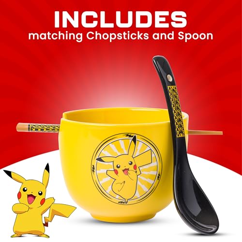 Silver Buffalo Pokemon Pikachu Electric Ceramic Ramen Noodle Rice Bowl with Chopsticks and Spoon, Microwave Safe, 20 Ounces - color: Pokemon Pikachu Spoon Set, size: 20 Ounces (With Spoon)