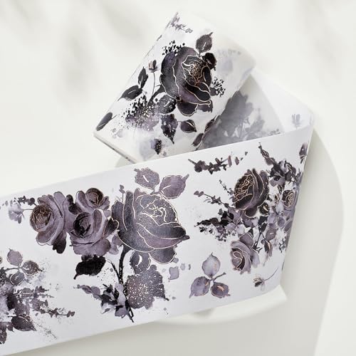 WT Rose Noir Wide Washi Tape Gilded, Single Roll, Original Designs, Black Flower Gold Foil Decors, Journal Scrapbook Bujo Planner DIY Crafts Supplies Gifts, Vintage Floral Adhesive Tape - color: Rose Noir Wide Washi Tape (Gilded)