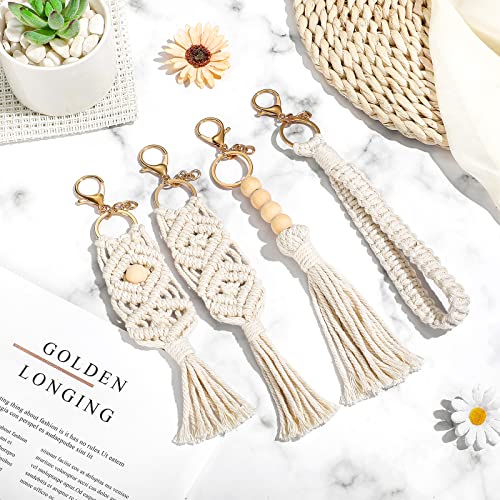 Junkin Macrame Boho Keychains Bulk Handcrafted Aesthetic Key Chain with Tassel for Women Car Key Purse Wallet Beige
