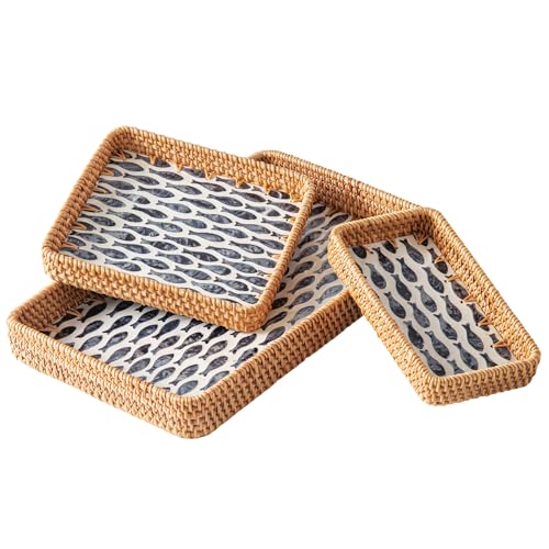 Set of 3 Rattan Serving Trays with Mother of Pearl, Terrekraft - color: Fish