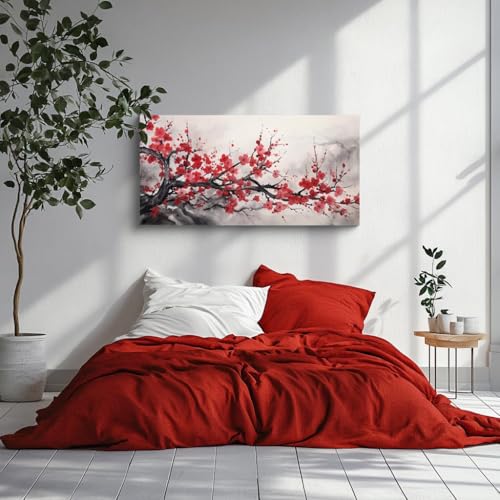 NAN Wind Asian Wall Art Traditional Chinese Decor Oriental Red Cherry Plum Blossom Canvas Pictures for Wall Decor for Living Room Landscape Artwork Framed Ready to Hang - color: Red-One Piece-1, size: 40"L x 20"W