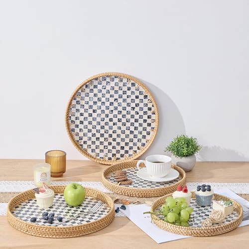 Round Rattan Tray with Mother of Pearl Inlay, Rattan Serving Tray with Wooden Base, Decorative Wicker Basket for Table Decor, Storage and Display of Coffee Bread Food Fruit (Checkerboard 11.8") - color: Checkerboard, size: 11.8"