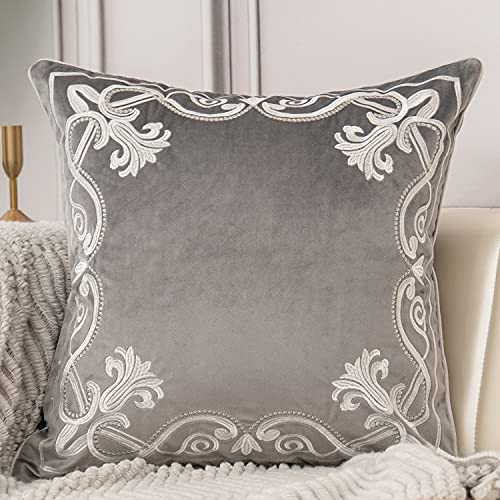Aeckself European Floral Pillow Cover 16x16 Inch, Luxury Velvet Embroidered Decorative Throw Pillow Cover for Couch Bedroom Living Room, Grey and White - color: Gray, size: 16" x 16" (Pack of 1)