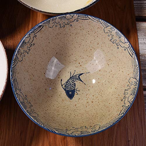 Ceramic Ramen Bowl Set of 4, 8'' Retro Soup Bowl with Floral & Fish Design - color: SZ