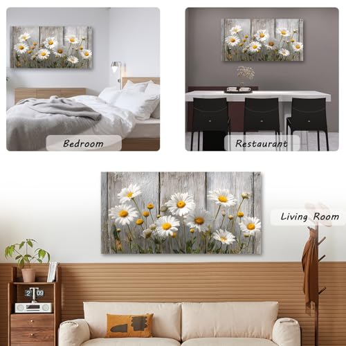 KZKU Rustic Daisy Canvas Wall Art-White Flowers on Weathered Wood Background-Large Modern Farmhouse Decor for Living Room Bedroom 24X48in - color: grey, size: 48"L x 24"W