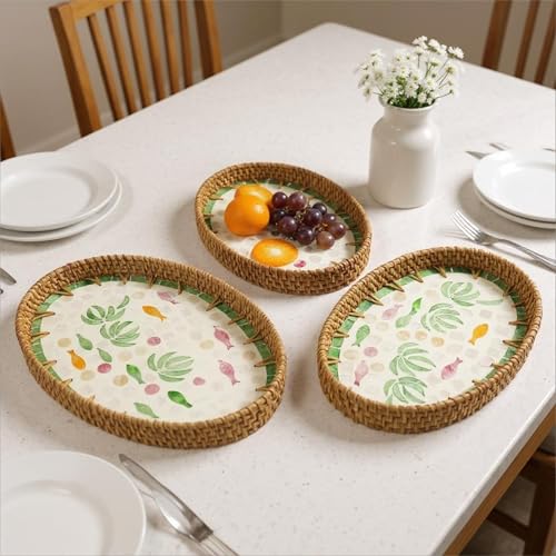 3 Pcs Oval Mother of Pearl Inlay Green Fish Decorative Rattan Serving Tray - color: Green Fish