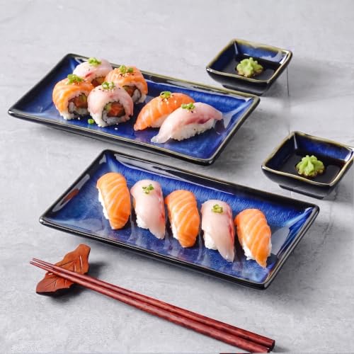 Ceramic Sushi Serving Tray Sets 2, 6 Pieces Japanese Style Porcelain Sushi Plate Set with Soy Sauce Dishes, Bamboo Chopsticks Housewarming Gift, Blue
