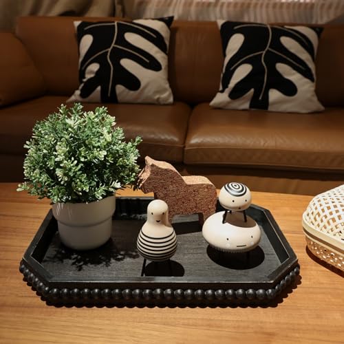 Hrastany Wood Rustic Serving Tray with Beads, Farmhouse Vintage Black Decorative Tray for Table Centerpiece, Christmas Wedding Halloween Home Decor - color: Retro Black-c8, size: 15.7" x 10.2" x 1.6"