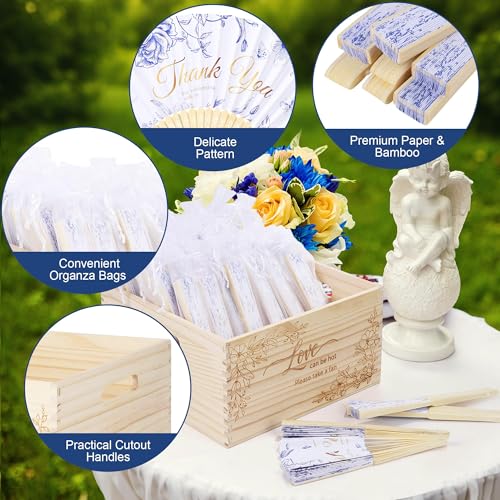 Aneco 100 Pieces Wedding Foldable Hand Fans Floral Handheld Paper Fans with Organza Bags and Storage Basket Folding Fans for Wedding Guests Bridal Shower Bridesmaid Gifts - color: Blue Floral