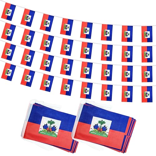 100 Feet Haiti String Flag, 76 Pcs Haitian Banner Flag, Small Mini World Banner Flags for Sports Events, Bars Decorations, School Festivals, Party Decorations, Celebrations (Haiti) - color: Haiti